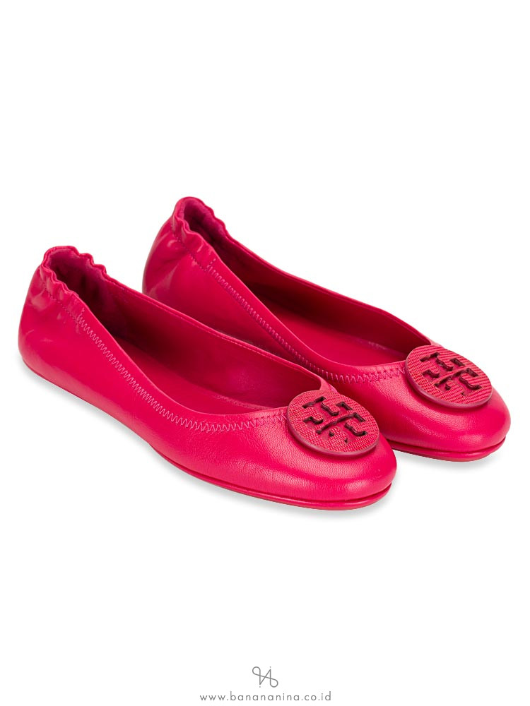 TORY BURCH Minnie Travel Leather Flats Dark Azalea Sz 7