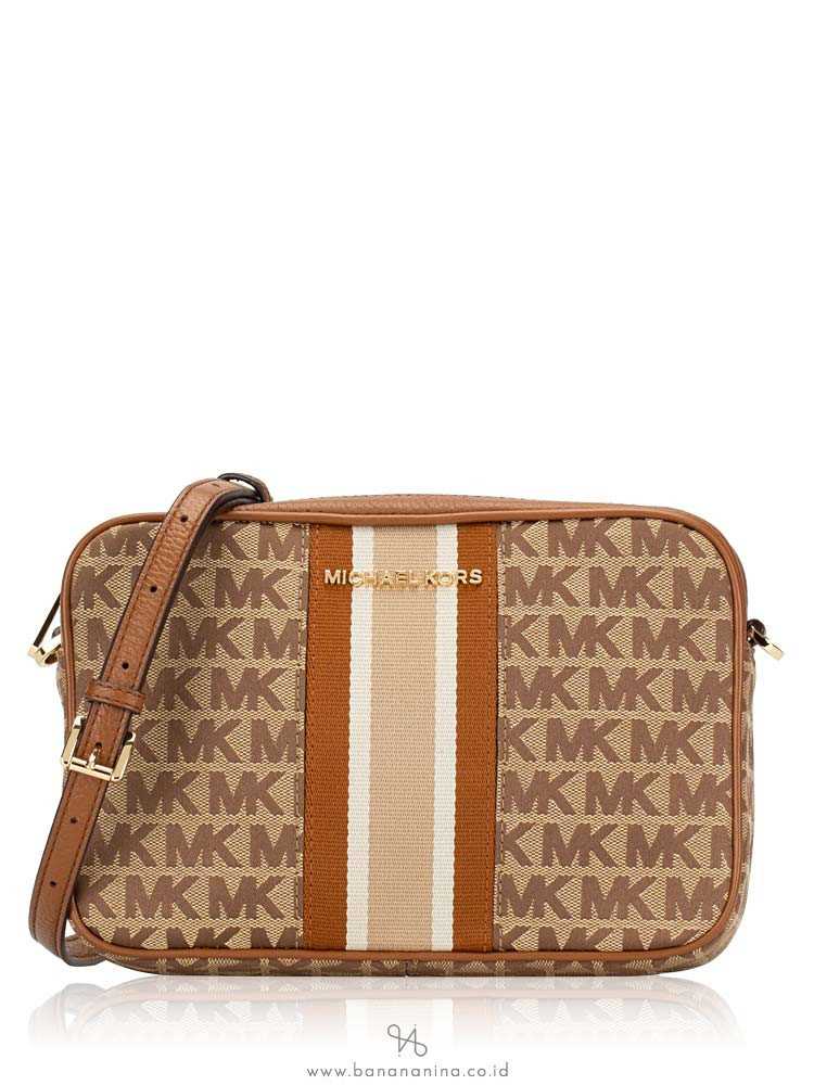 MICHAEL KORS Jet Set Stripe Monogram Large Crossbody Beige Ebony Luggage