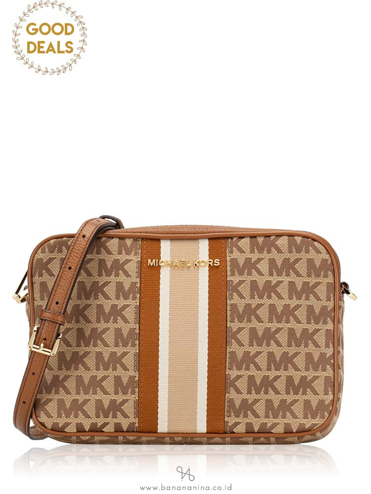 MICHAEL KORS Jet Set Stripe Monogram Large Crossbody Beige Ebony Luggage