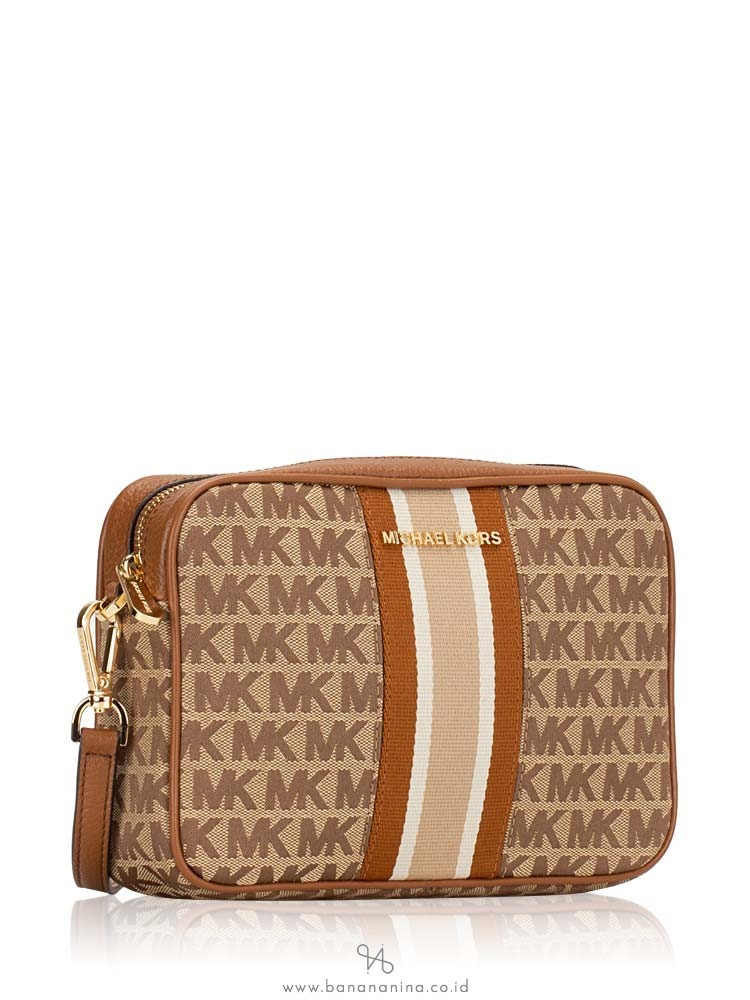 MICHAEL KORS Jet Set Stripe Monogram Large Crossbody Beige Ebony Luggage