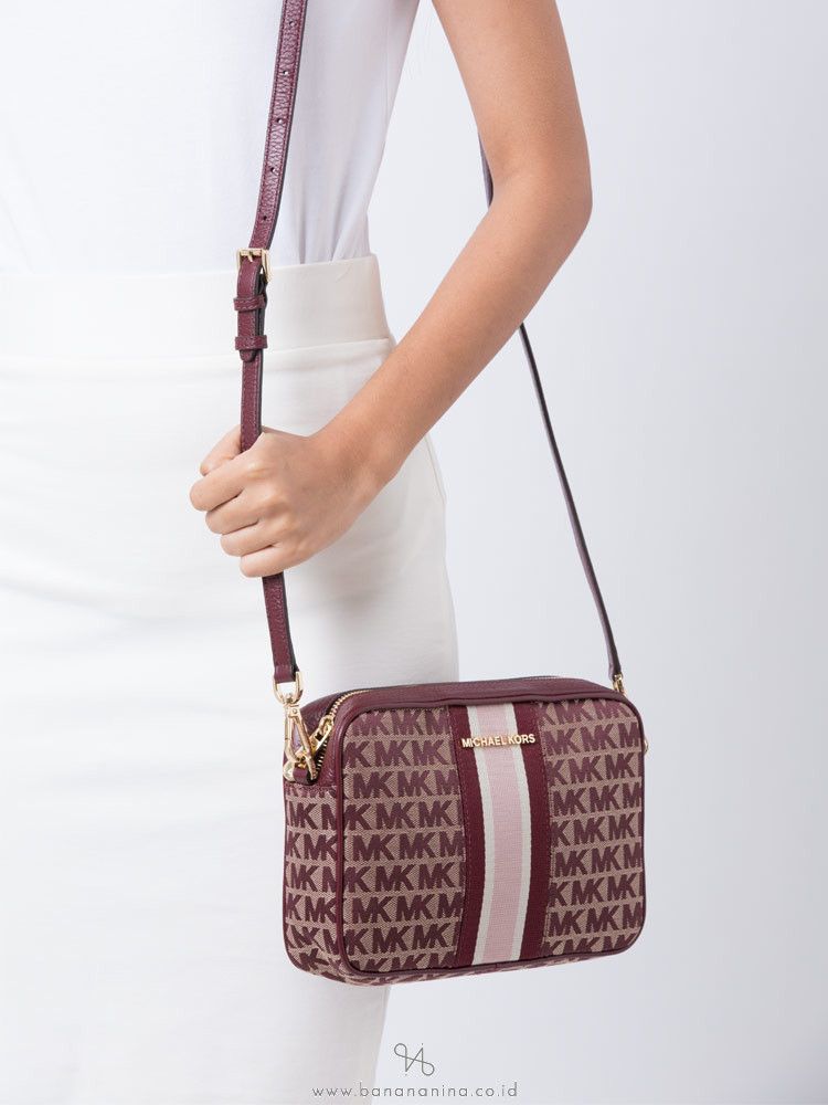 MICHAEL KORS Jet Set Stripe Monogram Large Crossbody Oxblood