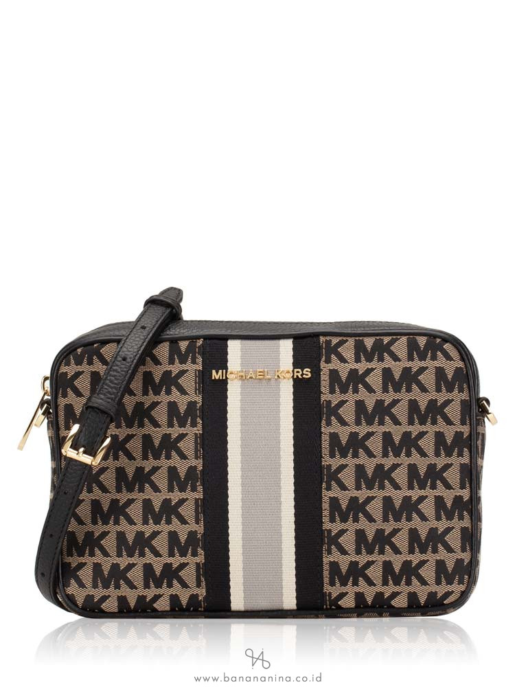 MICHAEL KORS Jet Set Stripe Monogram Large Crossbody Beige Black