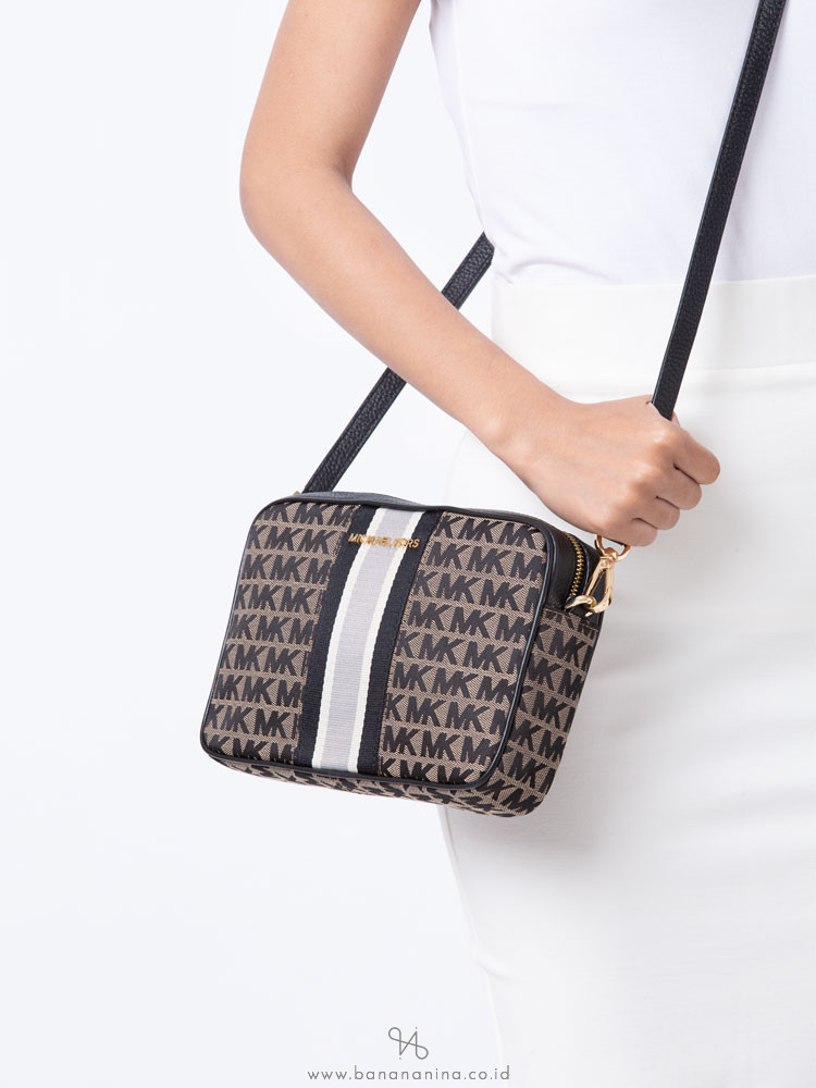Michael Kors Jet Set Stripe Monogram Large Crossbody Beige Black