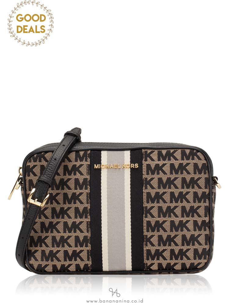 MICHAEL KORS Jet Set Stripe Monogram Large Crossbody Beige Black