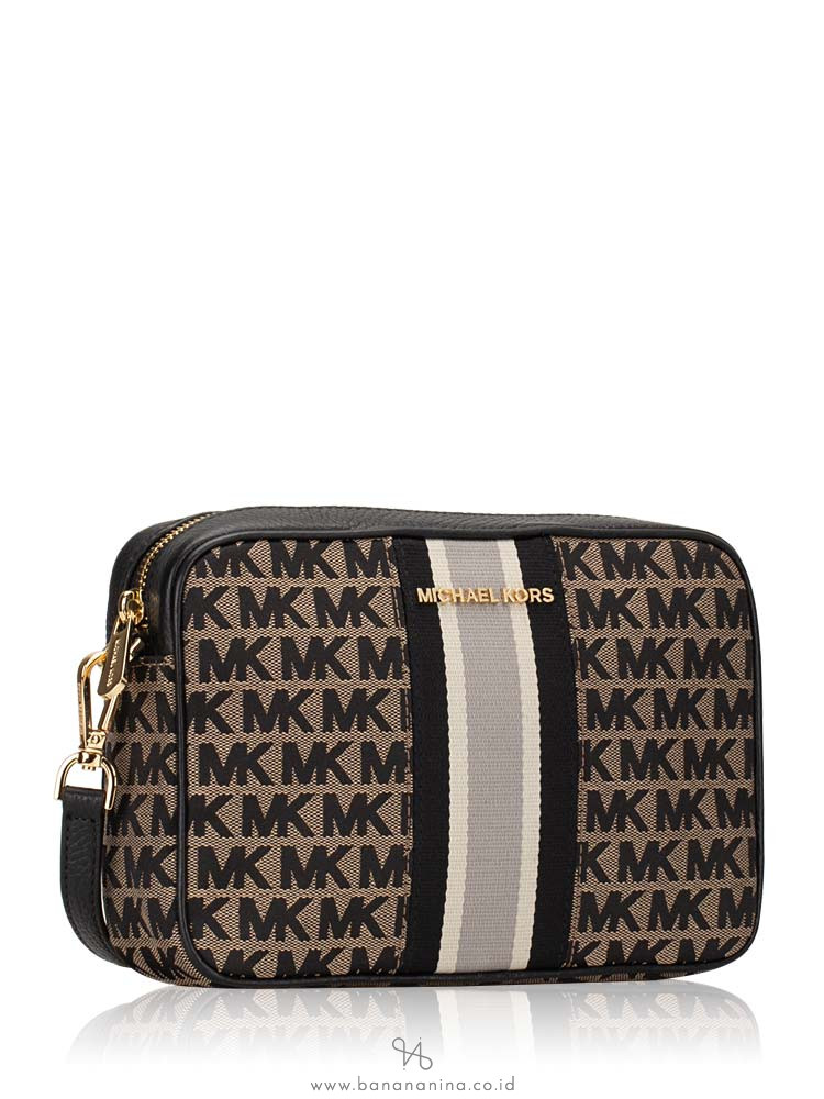 MICHAEL KORS Jet Set Stripe Monogram Large Crossbody Beige Black