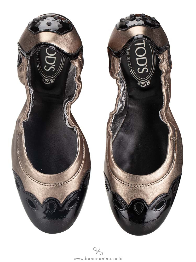 TOD'S Leather Ballet Flats Bronze Black Sz 37.5