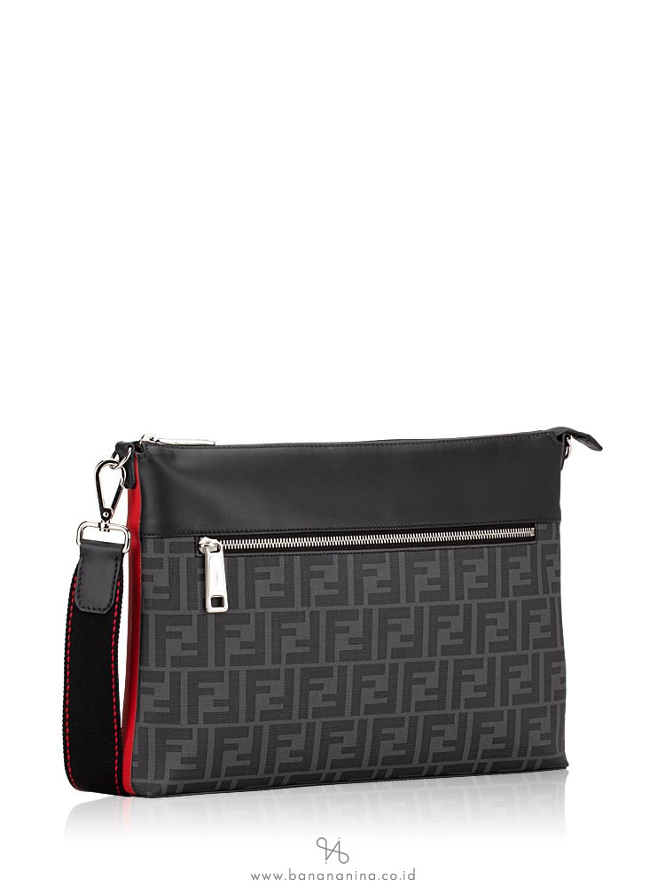 FENDI Men Logo Slim Messenger Bag Black Red