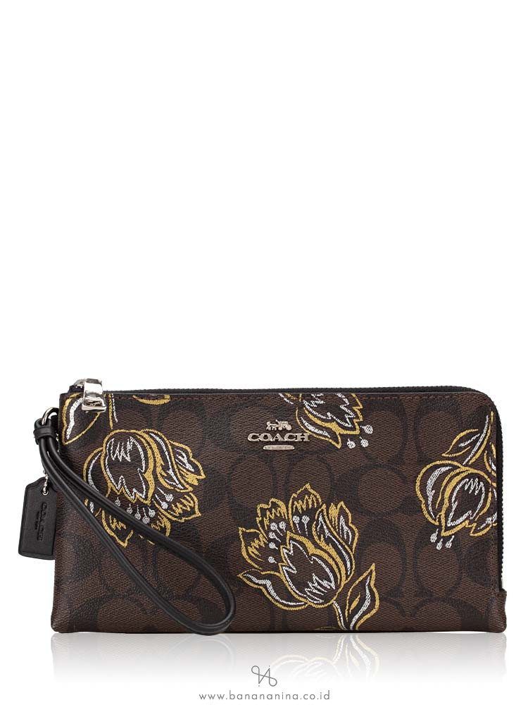 COACH 78069 Signature Tulip Print Double Zip Wristlet Chestnut Metallic