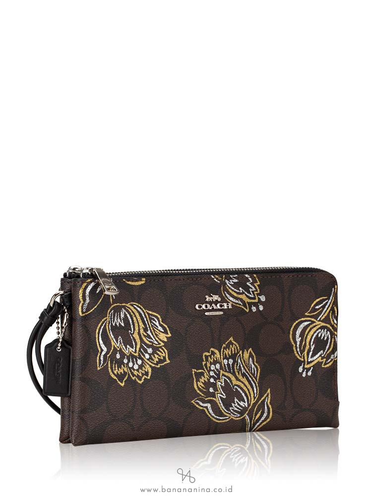 COACH 78069 Signature Tulip Print Double Zip Wristlet Chestnut Metallic