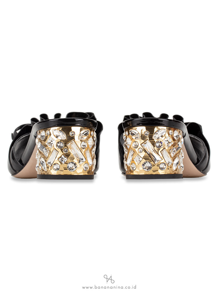 MIU MIU Crystal Embellished Patent Leather Sandal Black Sz 37
