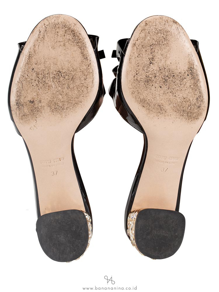 MIU MIU Crystal Embellished Patent Leather Sandal Black Sz 37