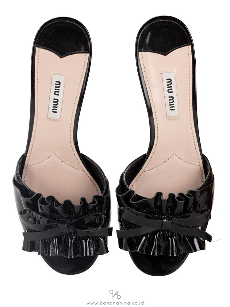 MIU MIU Crystal Embellished Patent Leather Sandal Black Sz 37