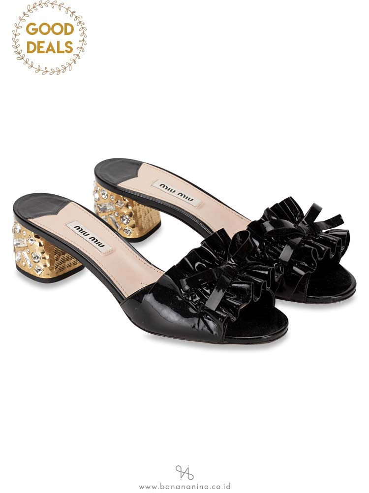 MIU MIU Crystal Embellished Patent Leather Sandal Black Sz 37