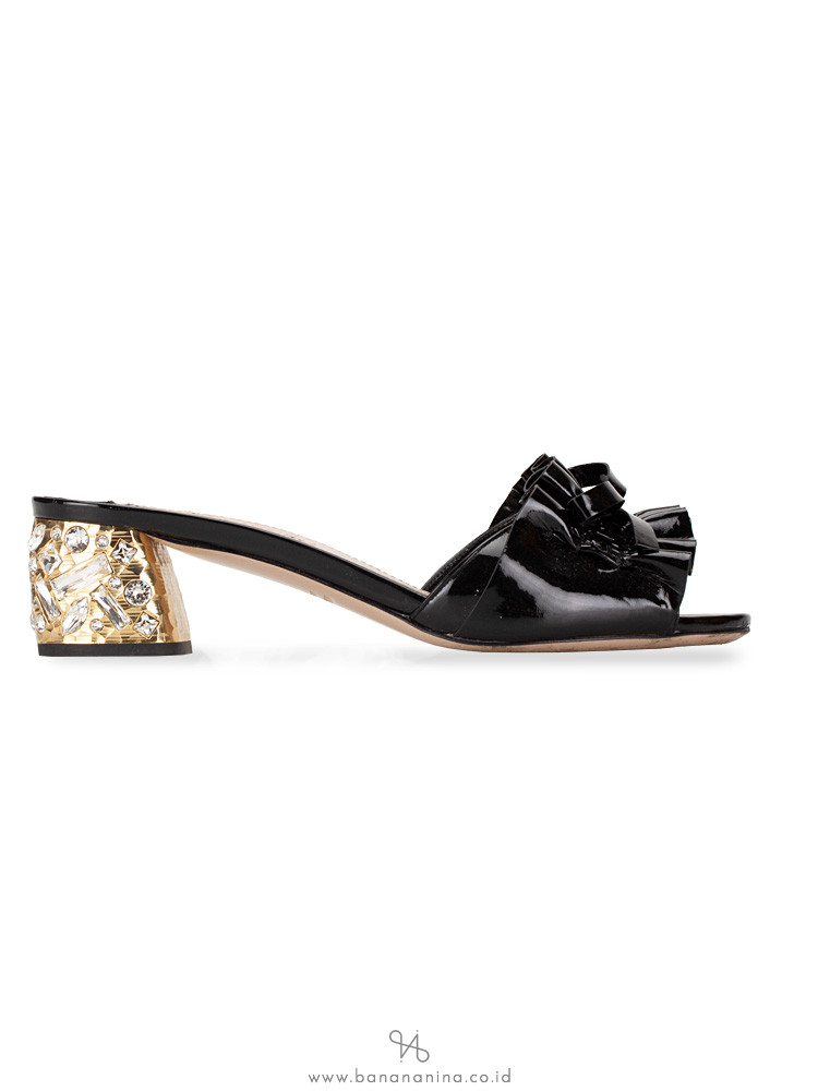 MIU MIU Crystal Embellished Patent Leather Sandal Black Sz 37