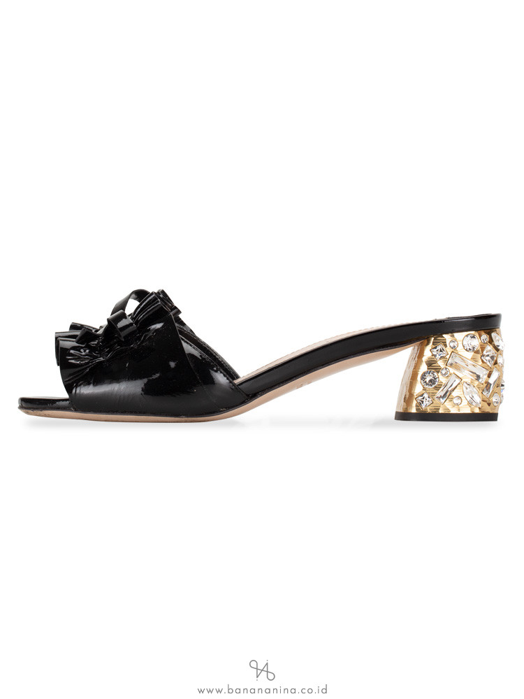 MIU MIU Crystal Embellished Patent Leather Sandal Black Sz 37