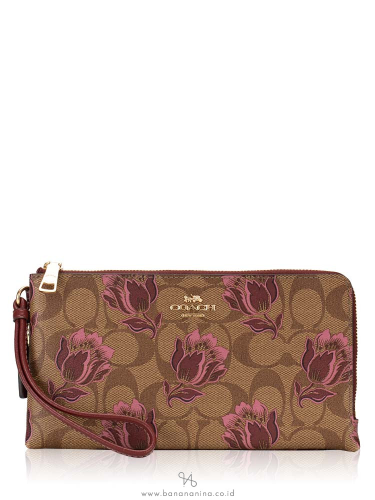 COACH 78116 Signature Tulip Print Double Zip Wristlet Khaki Pink Multi