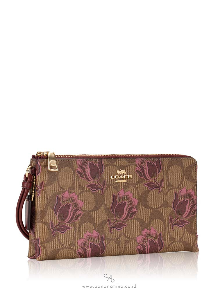 COACH 78116 Signature Tulip Print Double Zip Wristlet Khaki Pink Multi