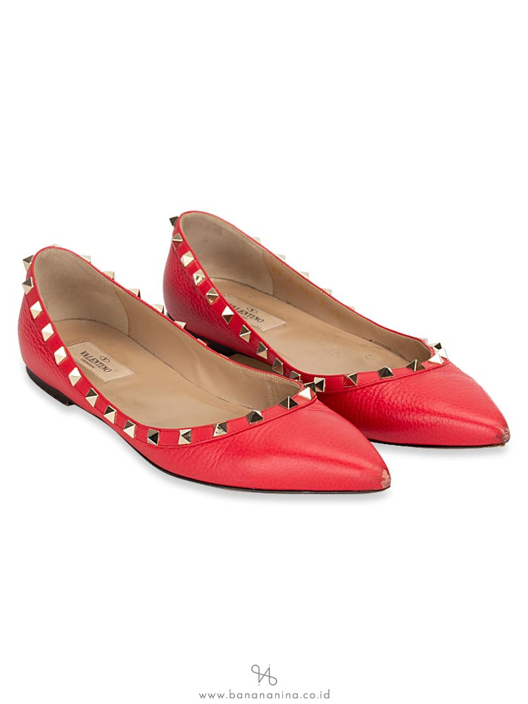 VALENTINO Rockstud Leather Flats Red Sz 40