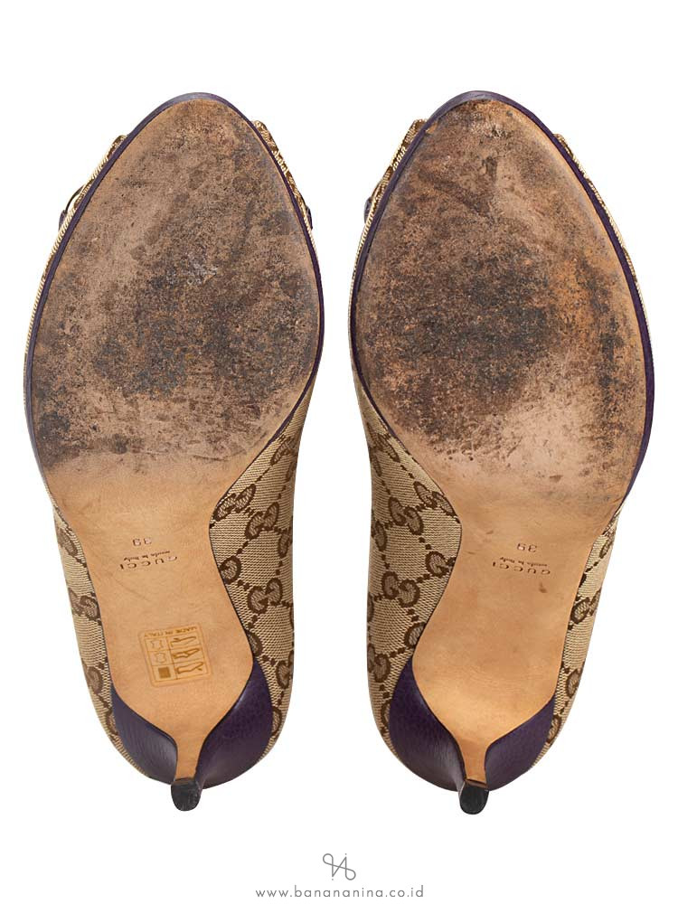 GUCCI GG Canvas Horsebit Peep-Toe Pump Beige Purple Sz 39
