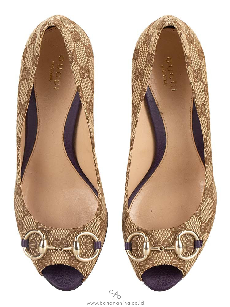 GUCCI GG Canvas Horsebit Peep-Toe Pump Beige Purple Sz 39
