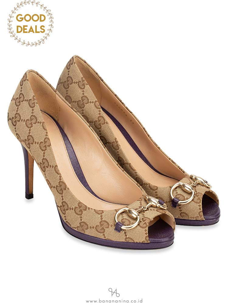 GUCCI GG Canvas Horsebit Peep-Toe Pump Beige Purple Sz 39