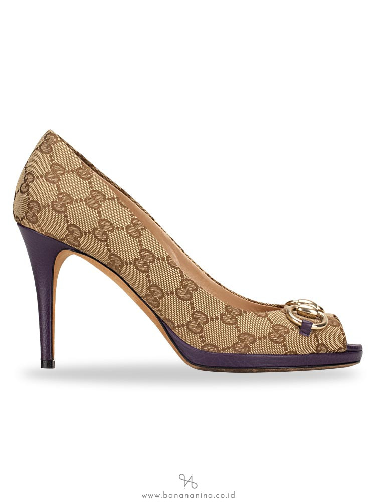 GUCCI GG Canvas Horsebit Peep-Toe Pump Beige Purple Sz 39