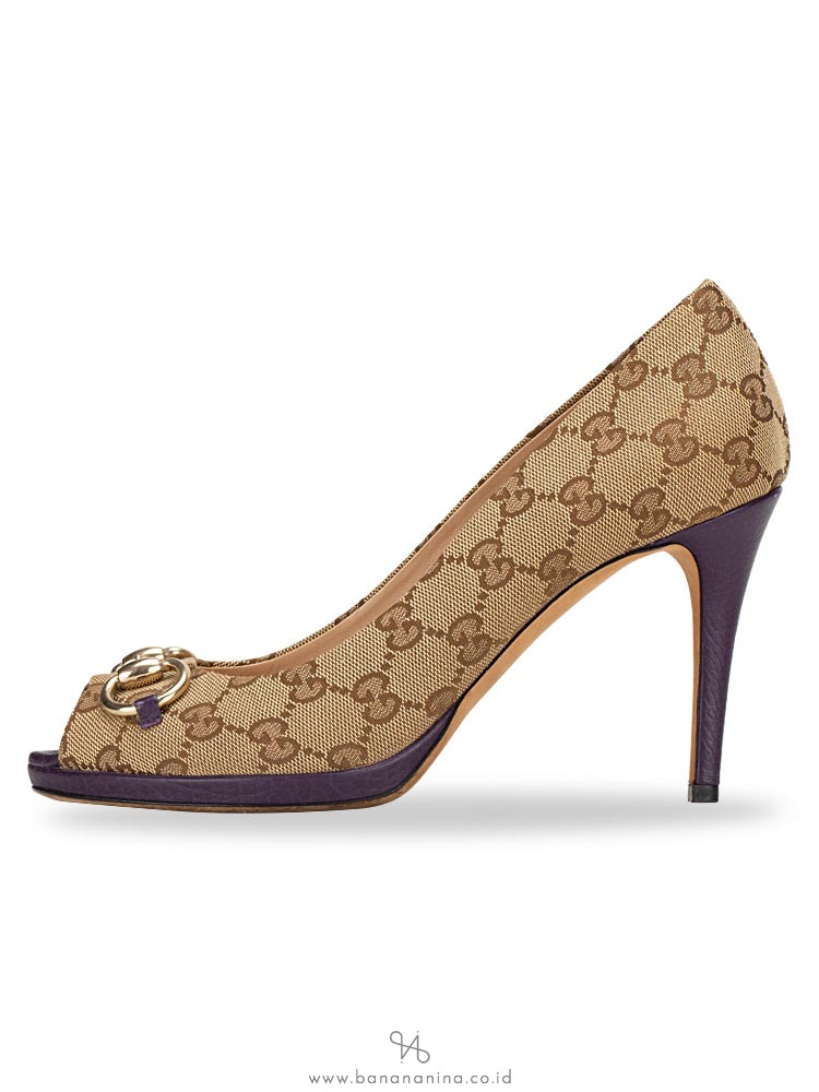 GUCCI GG Canvas Horsebit Peep-Toe Pump Beige Purple Sz 39