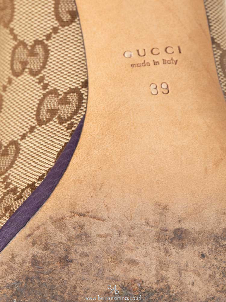 GUCCI GG Canvas Horsebit Peep-Toe Pump Beige Purple Sz 39