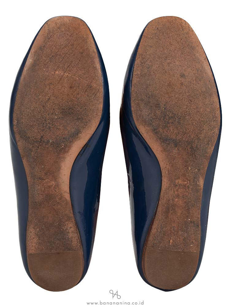 TORY BURCH Patent Square Logo Flat Greek Blue Sz 7.5