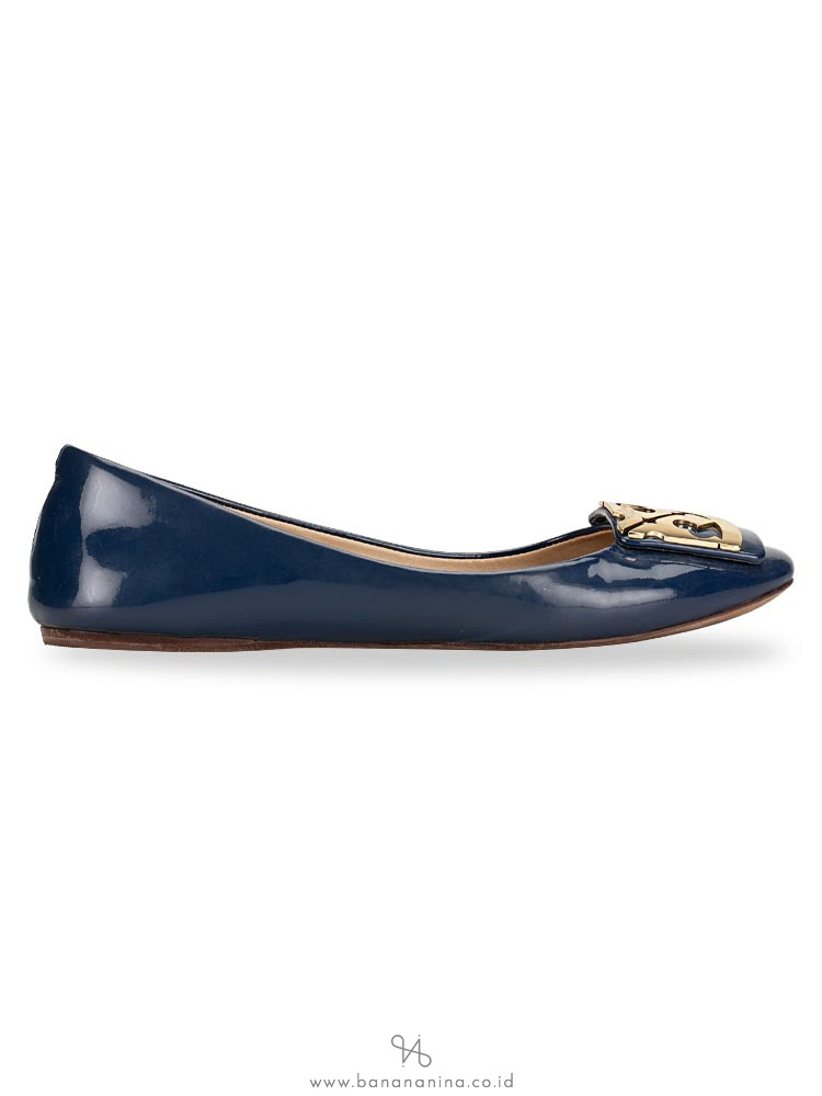 TORY BURCH Patent Square Logo Flat Greek Blue Sz 7.5
