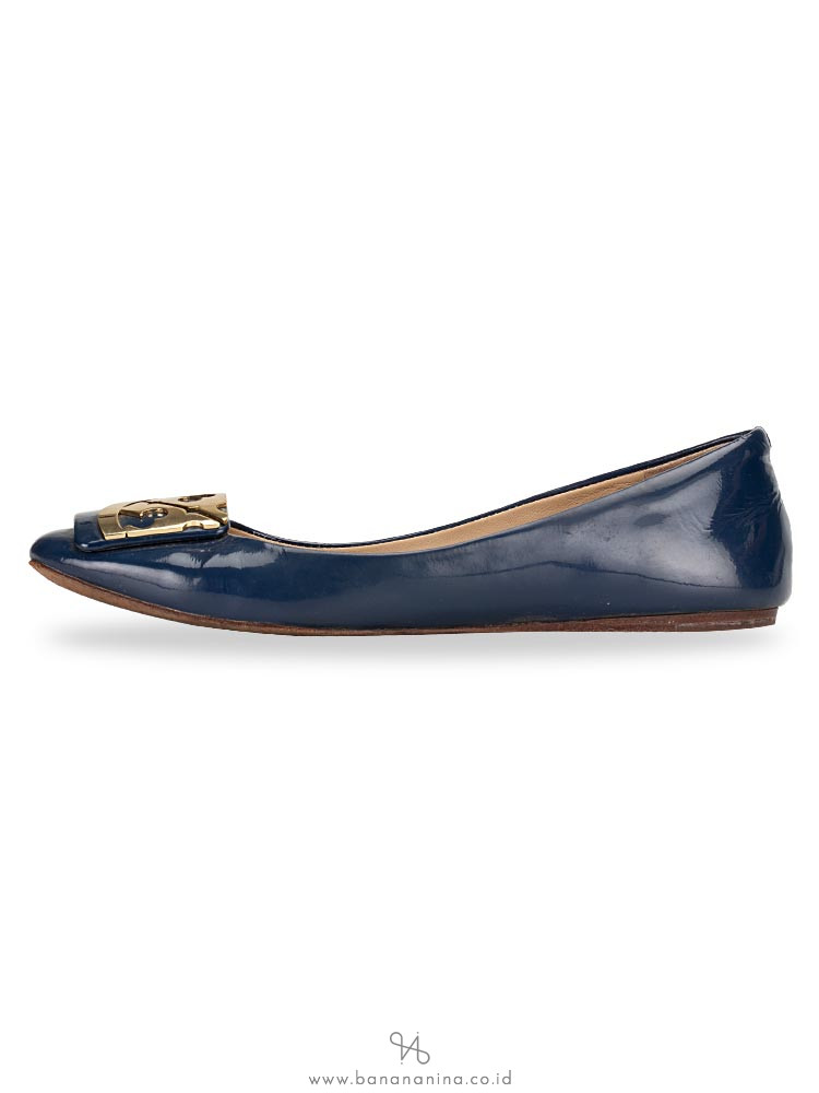TORY BURCH Patent Square Logo Flat Greek Blue Sz 7.5