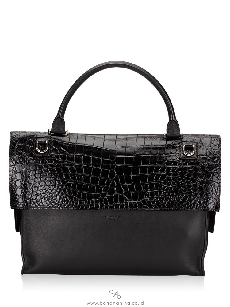 GIVENCHY Croc Stamped Leather Medium Shark Lock Satchel Black