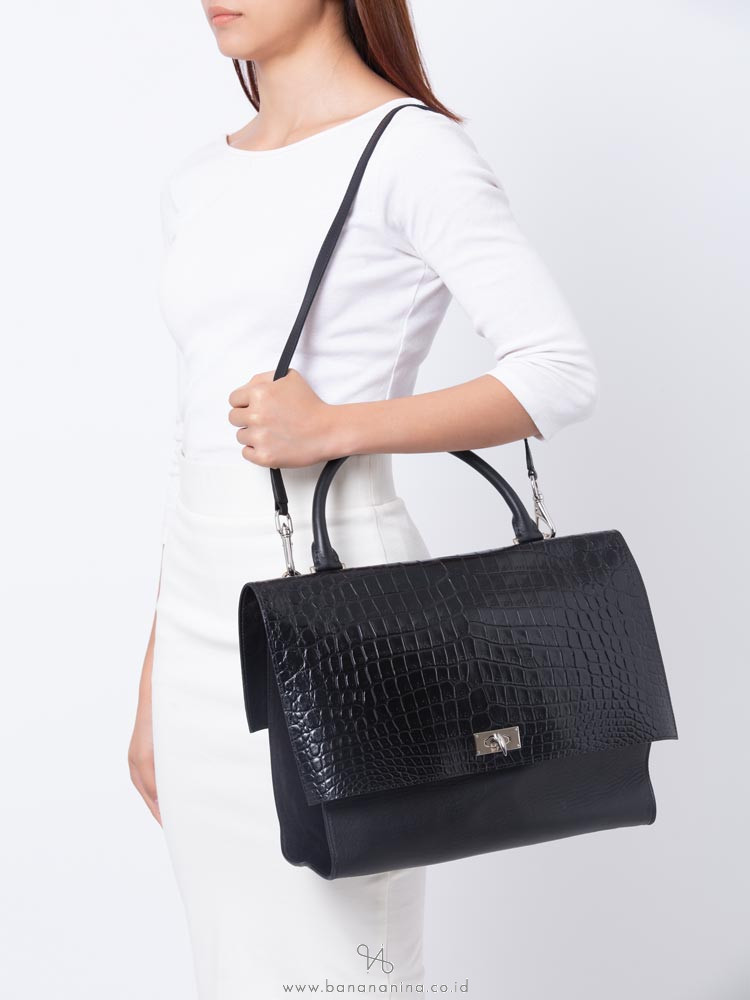 GIVENCHY Croc Stamped Leather Medium Shark Lock Satchel Black