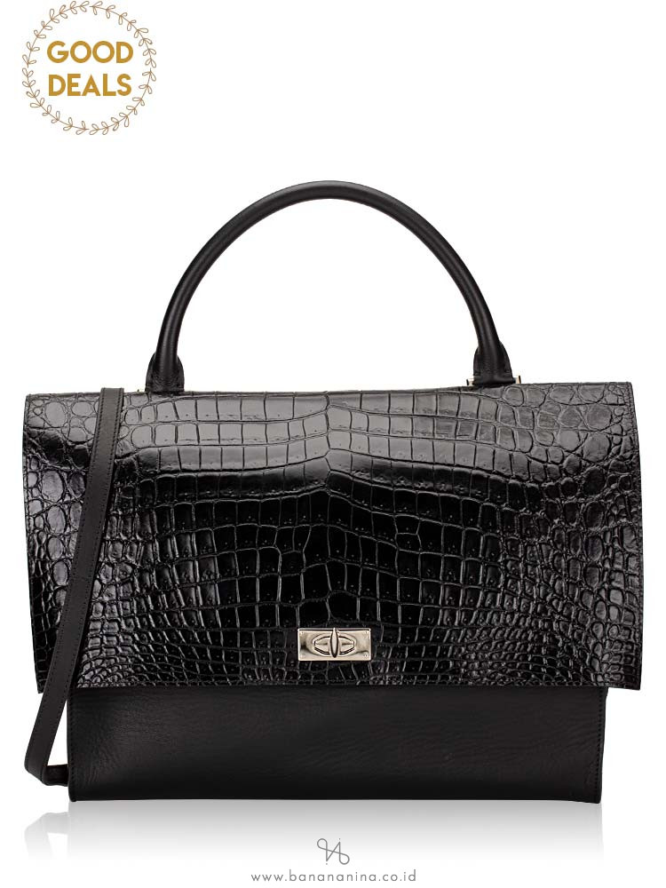 GIVENCHY Croc Stamped Leather Medium Shark Lock Satchel Black