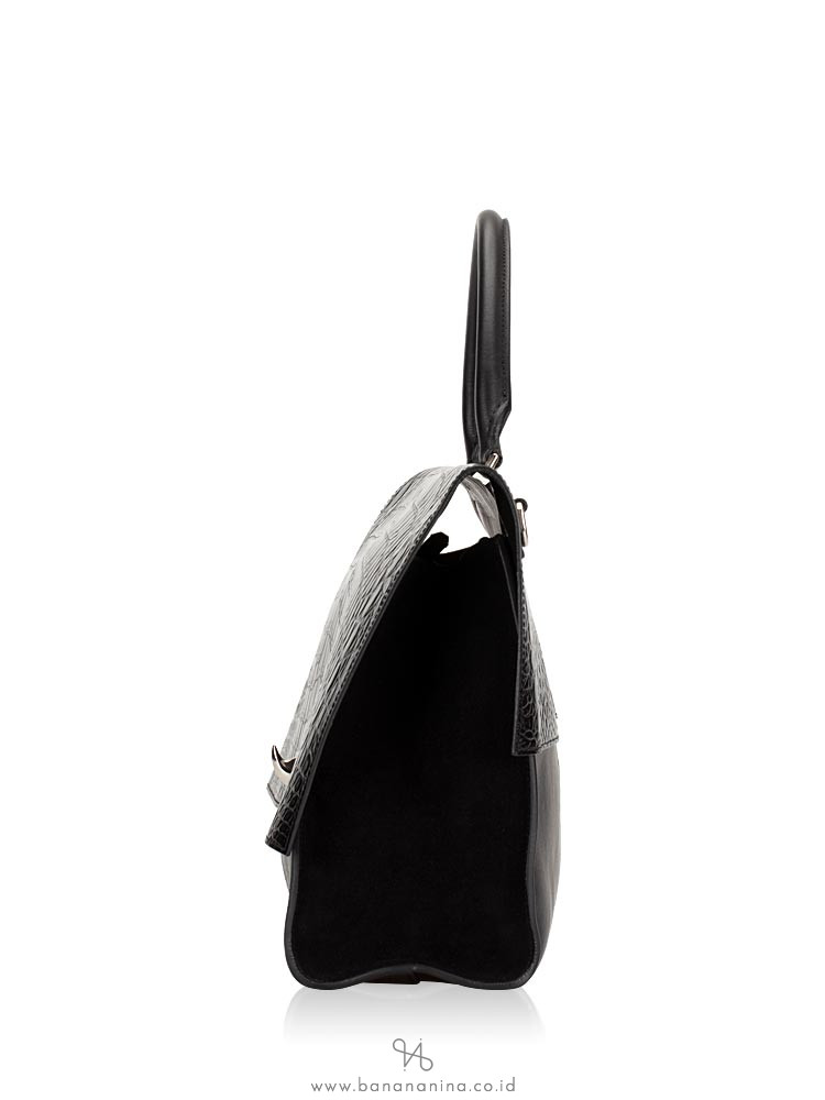 GIVENCHY Croc Stamped Leather Medium Shark Lock Satchel Black