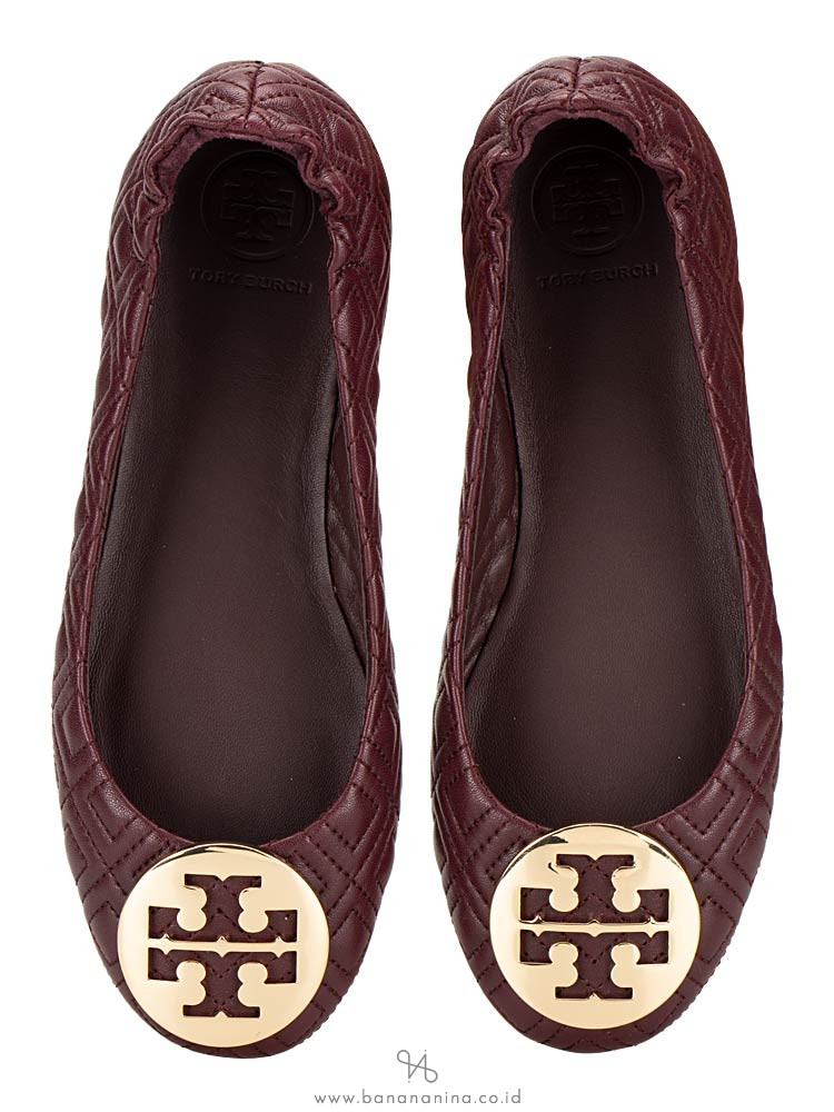 TORY BURCH Minnie Quilted Leather Flats Malbec Gold Sz 5.5