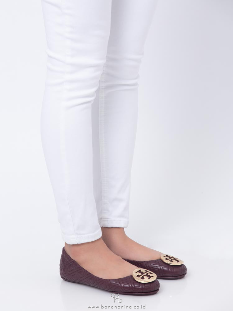 TORY BURCH Minnie Quilted Leather Flats Malbec Gold Sz 5.5