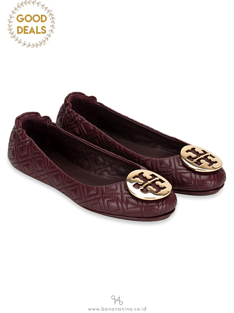 TORY BURCH Minnie Quilted Leather Flats Malbec Gold Sz 5.5