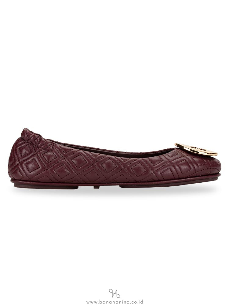 TORY BURCH Minnie Quilted Leather Flats Malbec Gold Sz 5.5