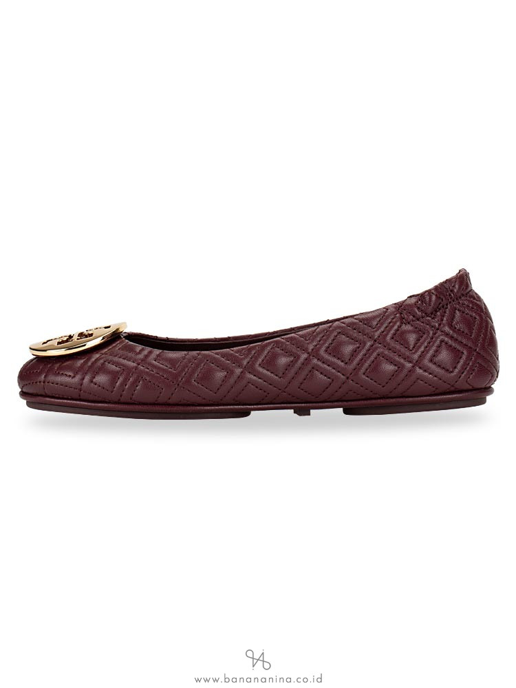 TORY BURCH Minnie Quilted Leather Flats Malbec Gold Sz 5.5