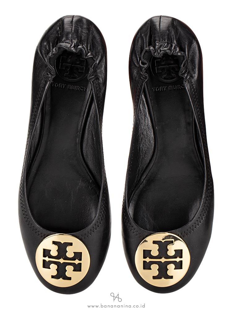 TORY BURCH Classic Reva Leather Flats Black Gold Sz 6.5