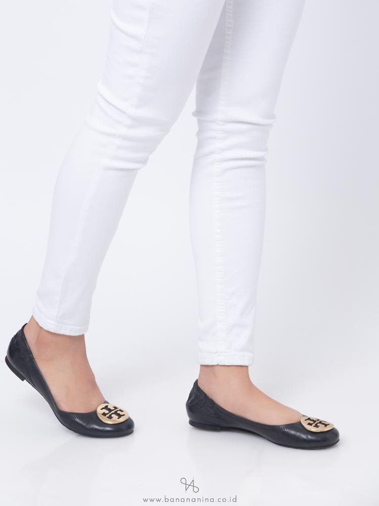 TORY BURCH Classic Reva Leather Flats Black Gold Sz 6.5