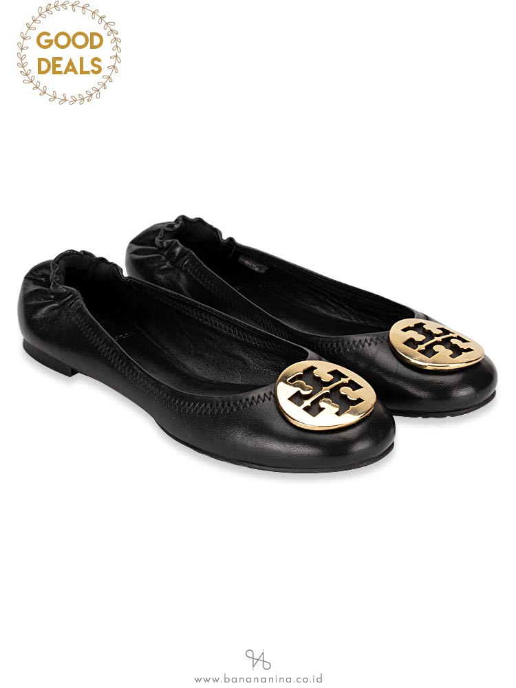 TORY BURCH Classic Reva Leather Flats Black Gold Sz 6.5