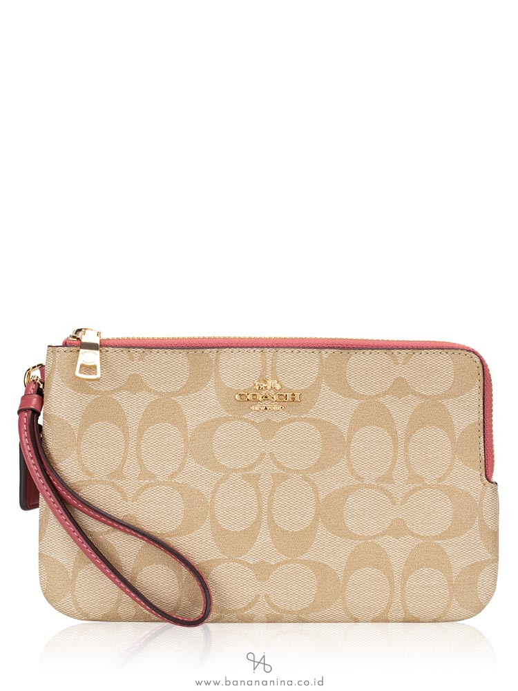 COACH 16109 Signature Double Zip Wallet Light Khaki Rouge