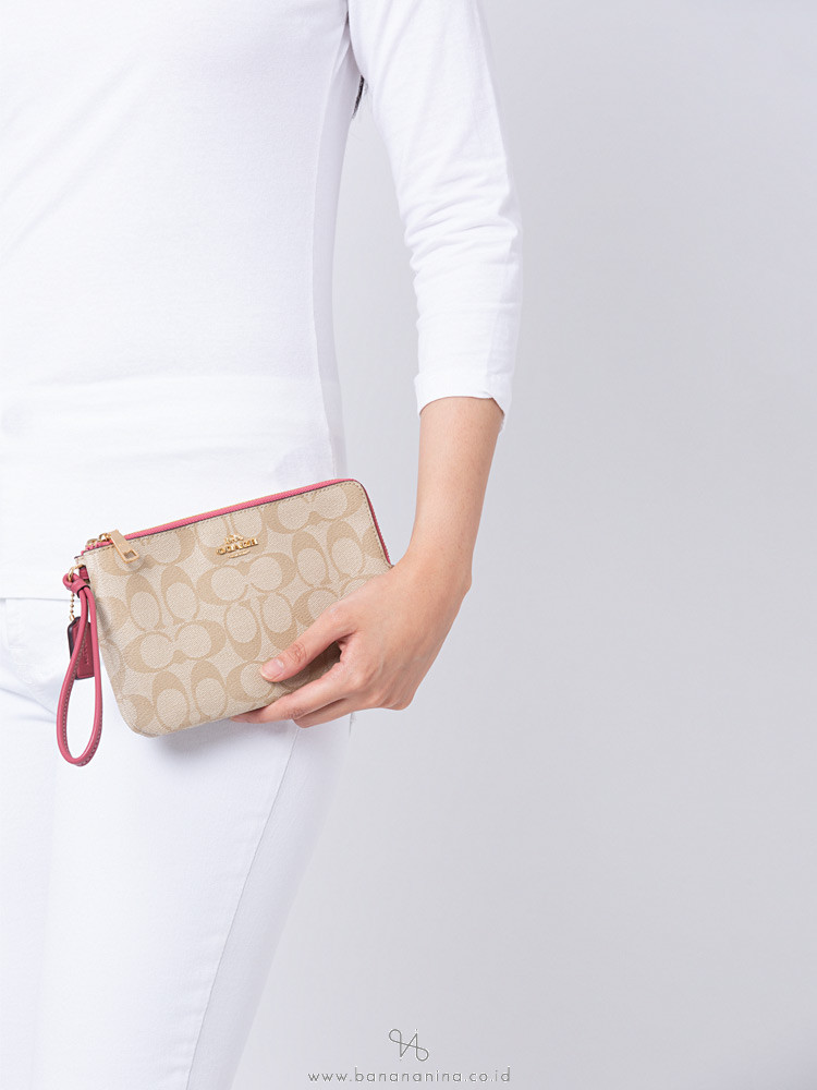 COACH 16109 Signature Double Zip Wallet Light Khaki Rouge