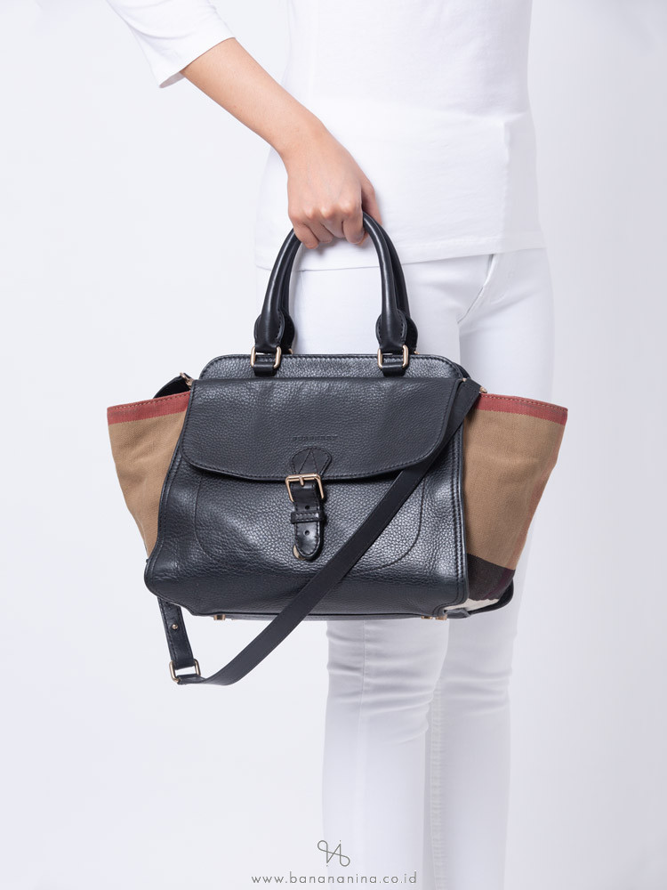BURBERRY Check Medium Harcourt Satchel Black