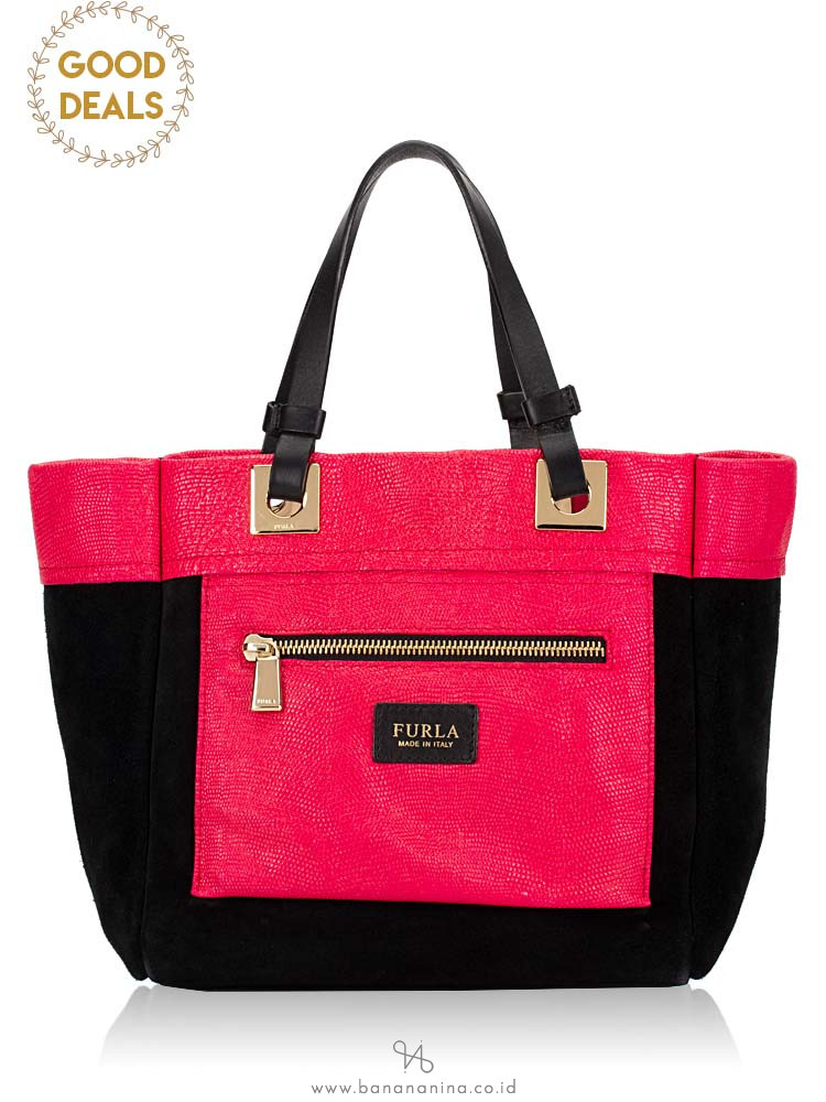 FURLA Tribe Leather Small Tote Black Pink