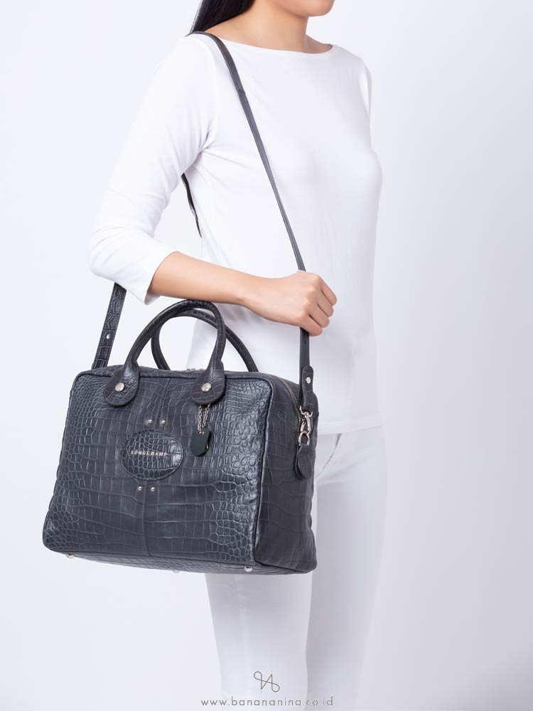 LONGCHAMP Quadri Croco Large Satchel Dark Grey