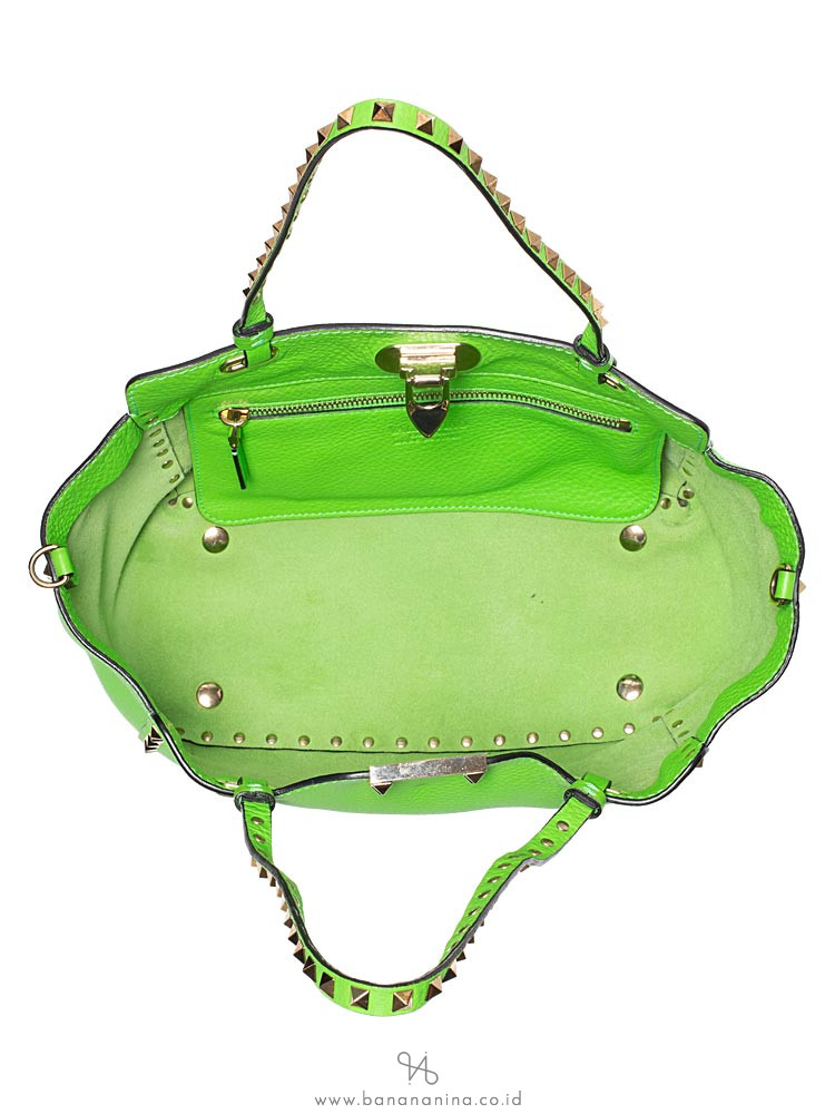 VALENTINO Rockstud Leather Small Tote Lime Green
