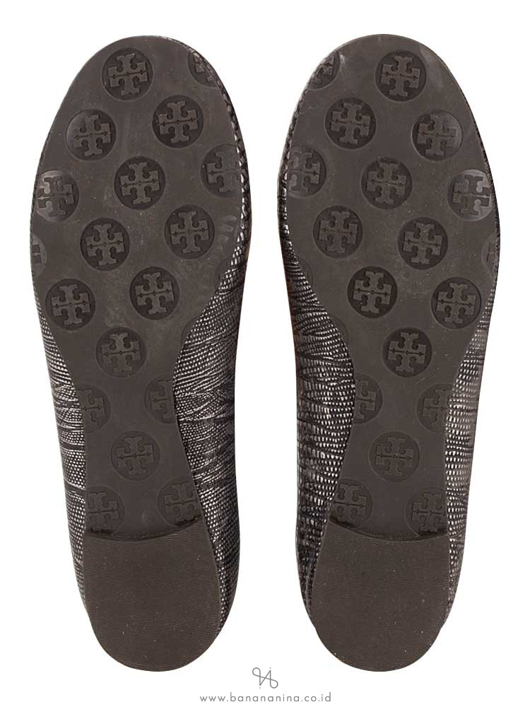 TORY BURCH Reva Embossed Metallic Lizard Ballet Silver Sz 6.5